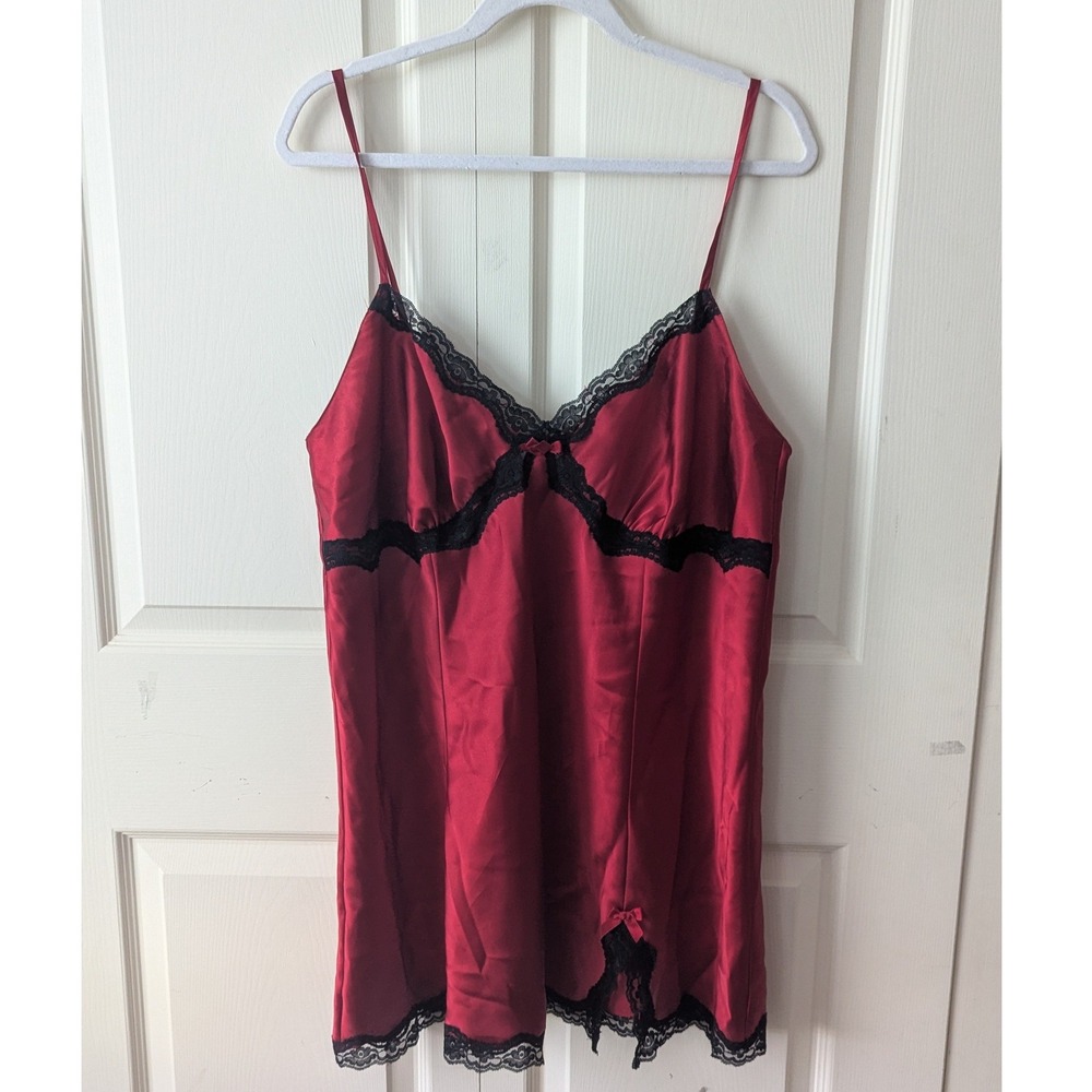 Cacique Chemise Nightgown Sz 14/16 Red Black Lace Satin Slip Dress Lingerie Sexy